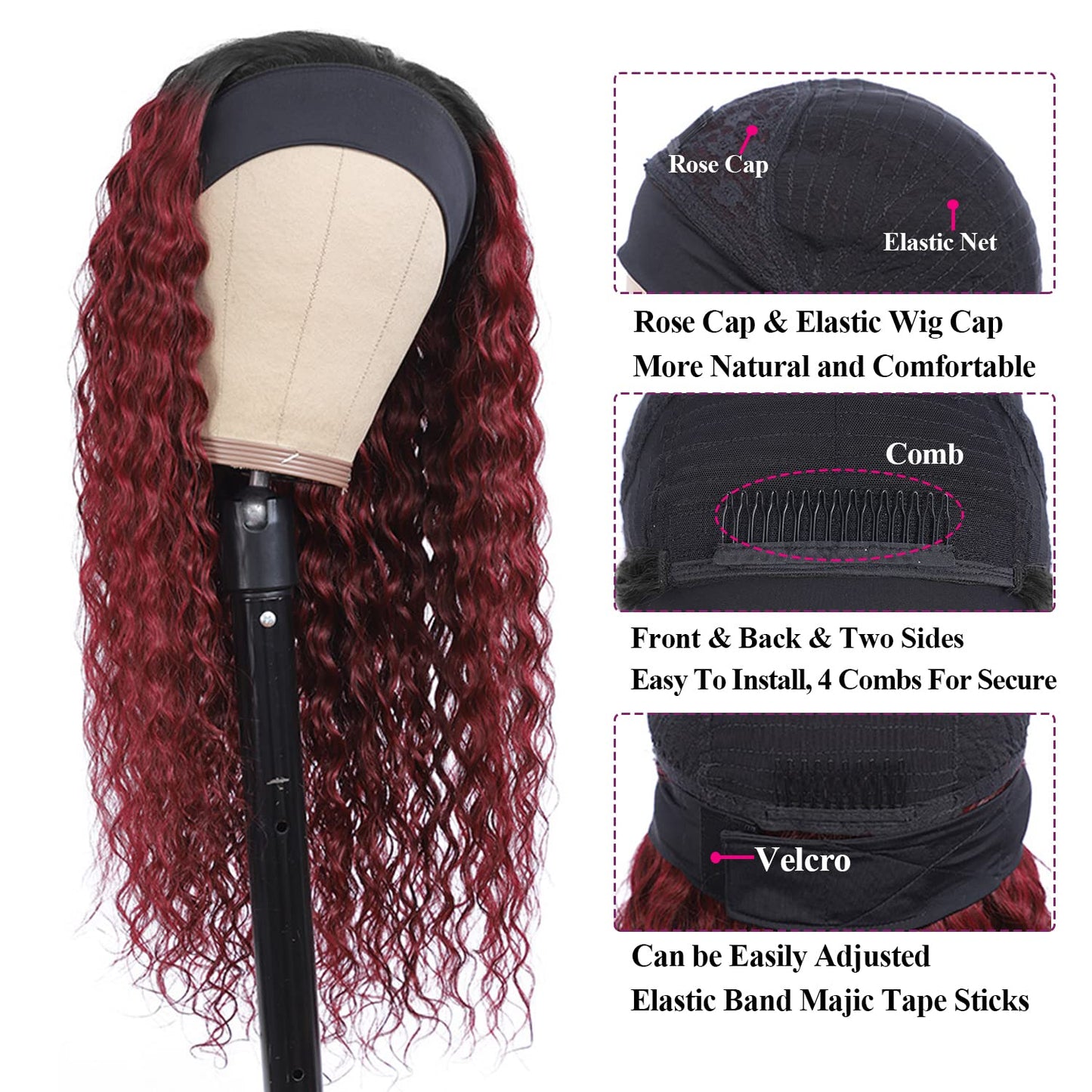 Aiterina Headband Wig deep wave human hair wigs for Black Women Brazilian Remy Hair Glueless Non Lace Front Wig 150% Density (12 inch, 1B/99J)