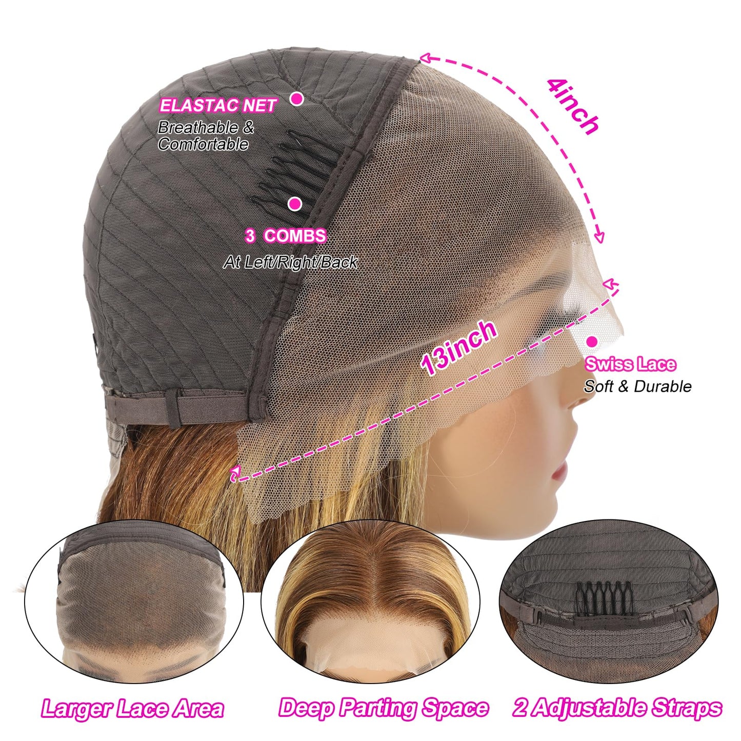 Ombre Highlight Bob Wig Human Hair 13x4 Lace Front Wigs P4/27 Colored Wigs 14 Inch Honey Blonde Bob Human Hair Wig 180 Density Glueless Short Human Hair Wigs for Women Pre Plucked With Baby Hair