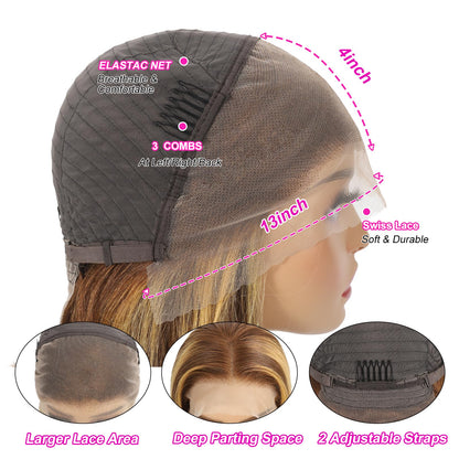 Ombre Highlight Bob Wig Human Hair 13x4 Lace Front Wigs P4/27 Colored Wigs 14 Inch Honey Blonde Bob Human Hair Wig 180 Density Glueless Short Human Hair Wigs for Women Pre Plucked With Baby Hair