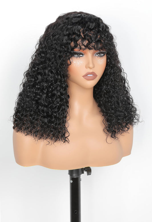 JuneMet 12 Inch Wig with Bangs Human Hair Bob Water Wave 2x4 HD Lace Closure Front Curly Wigs Human Hair Bang Wig Glueless Ready to Wear and Go for Beginners 100% Brazilian Human Hair for Black Women