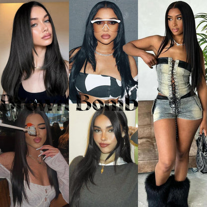 BrownBomb Black Wear and Go Glueless Wigs Pre Plucked Pre Cut for Beginners Long Layered Straight Synthetic Lace Front Wigs with bangs 26 Inch Natural 1B 3 Seconds to Wear for Beginners