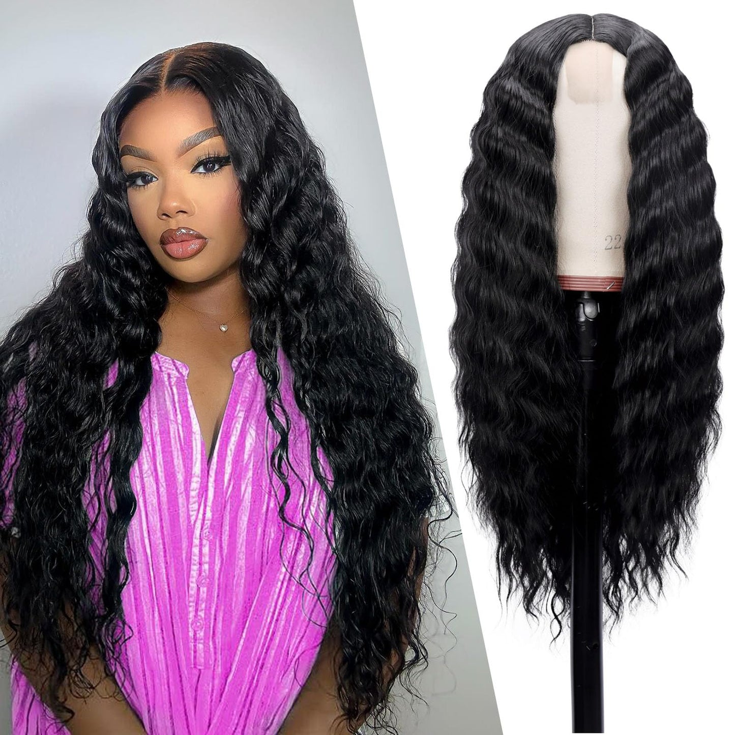 Mairead 28 Inch Long Curly Synthetic Lace Front Wigs for Black Women Loose Deep Wave Black Synthetic Wig Middle Part 4" Simulated Scalp Small Lace Front Wigs Natural Looking Crimps Curls Wig