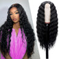 Mairead 28 Inch Long Curly Synthetic Lace Front Wigs for Black Women Loose Deep Wave Black Synthetic Wig Middle Part 4" Simulated Scalp Small Lace Front Wigs Natural Looking Crimps Curls Wig
