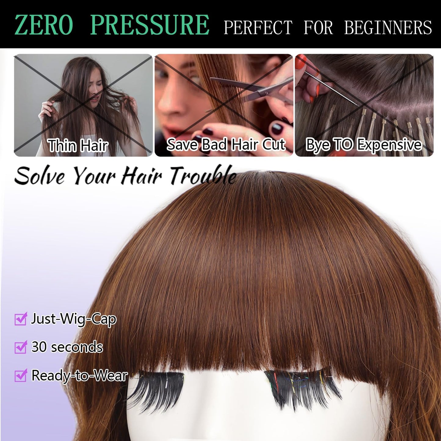 AISI HAIR Synthetic Wavy Curly Bob Wig with Bangs Ash Auburn Short Wavy Hair for Women Synthetic Heat Resistant Bob Wigs