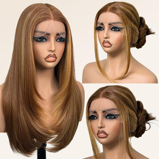 Glueless Synthetic Lace Front Wig 26 Inches Long Straight Honey Blonde Wigs for Black Women 13x5x1 HD Lace Hand Tied Pre Plucked Hairline (27/30 Honey Blonde, 26 Inch)