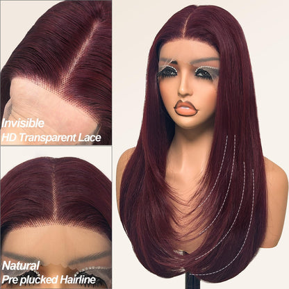Glueless Synthetic Lace Front Wig 26 Inches Long Straight Black Wigs for Black Women 13x5x1 HD Lace Hand Tied Pre Plucked Hairline (#99J Burgundy, 26 Inch)