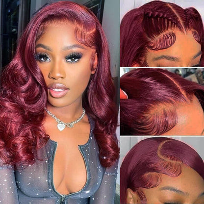99J Burgundy Bob Wig Human Hair 13x4 Frontal Lace Wig 16 Inch Body Wave HD Lace Front Wigs Human Hair Pre Plucked 180% Density Glueless Wine Red Bob Wigs for Women (99J Burgundy, 16 Inch)