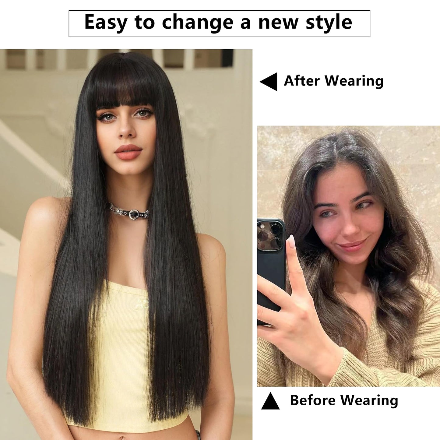 7JHH WIGS Long Straight Natural Black Wig with Bangs Heat Resistant Fiber Layered Synthetic Long Straight Wig for Cosplay Christmas Gifts Party Used