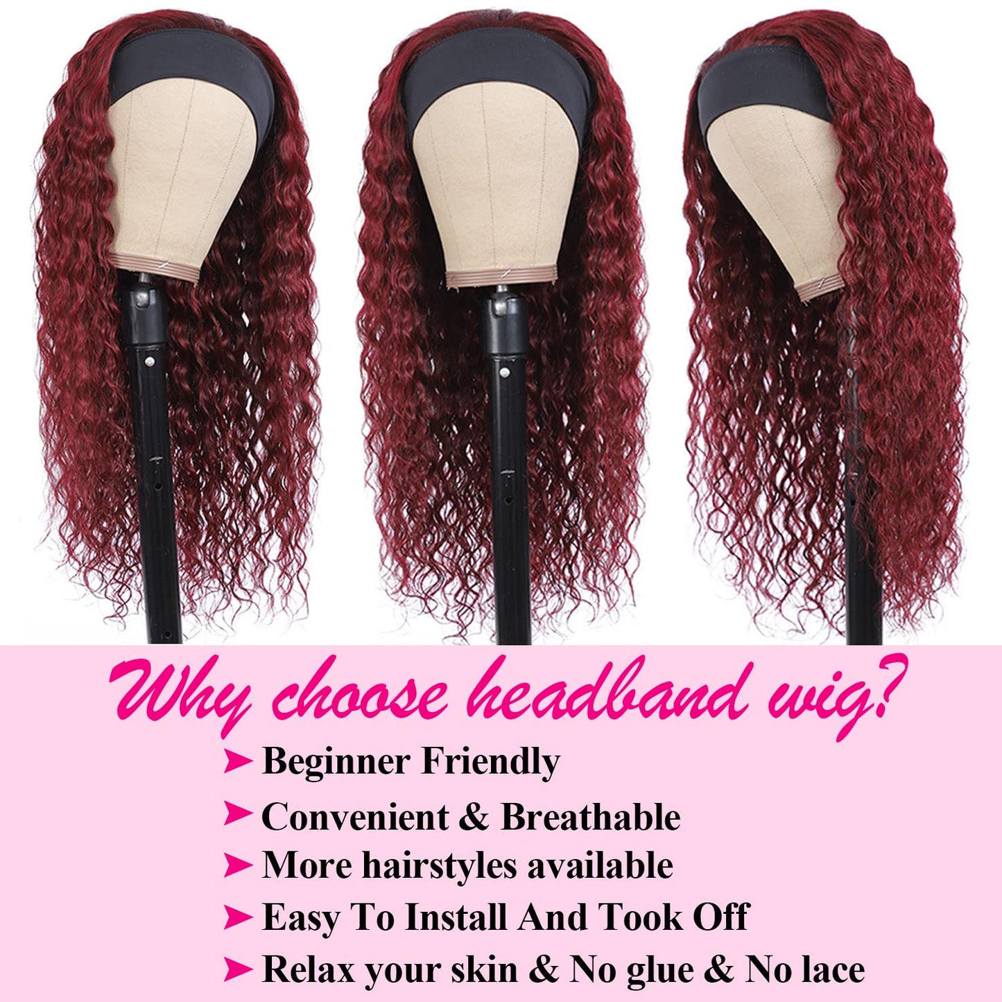 Aiterina Headband Wig deep wave human hair wigs for Black Women Brazilian Remy Hair Glueless Non Lace Front Wig 150% Density (12 inch, 99J)