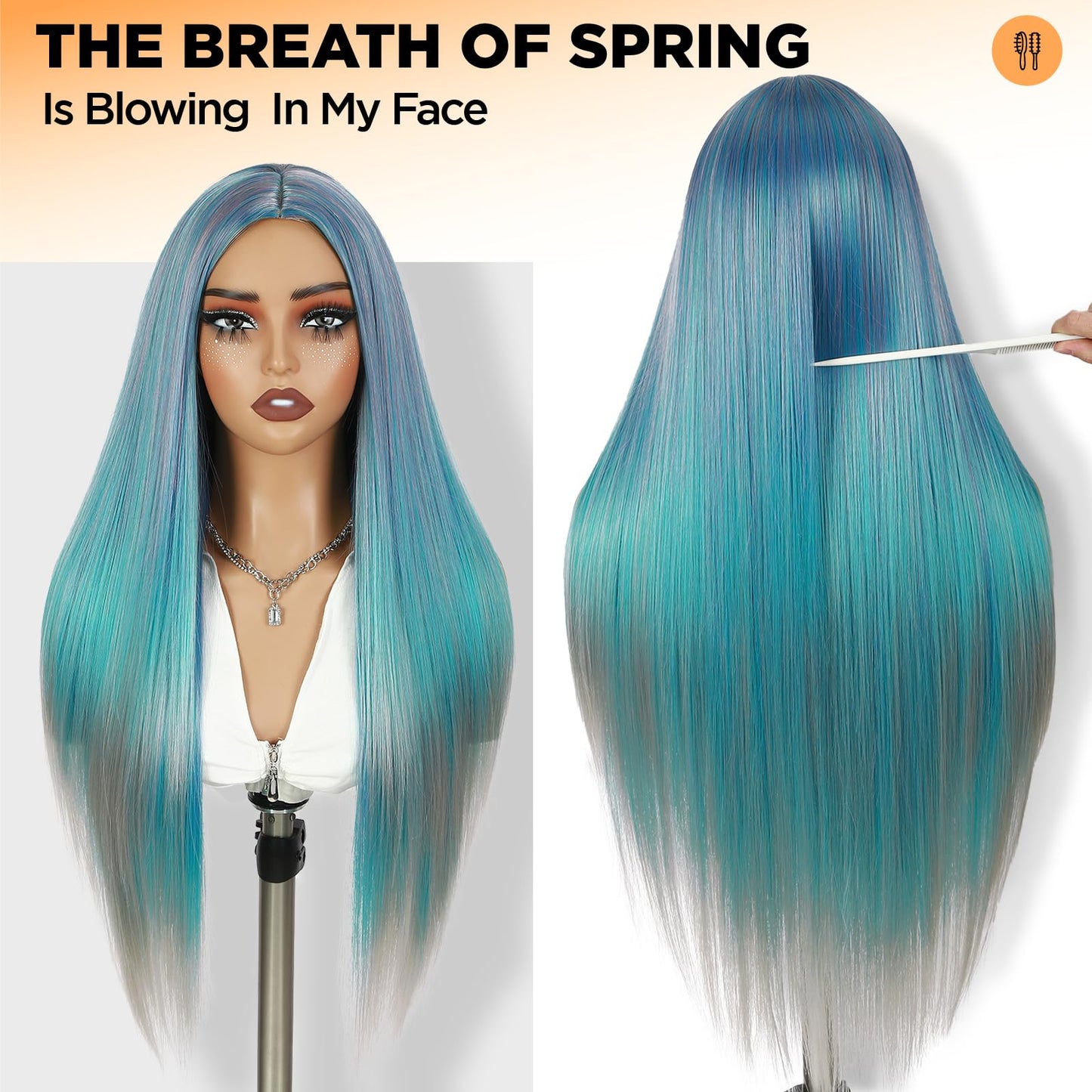 WIGER 28 Inches Long Straight Rainbow Wigs Bluish Green Layered Hair Middle Part Piano Color Wigs Synthetic Mermaid Wig Heat Resistant Costumes Wig for Daily or Party