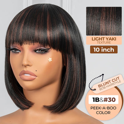 ToyoTress Black Mix Brown Highlight Bob Wig With Bangs - 10 Inch Yaki Straight Bob Wig For Black Women, Short Synthetic Hair Wigs Heat Resistant Daily Costume (10 Inch, SP1B/30-613H)