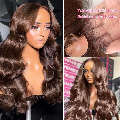 200 Density 13X6 Chocolate Brown Body Wave Lace Front Wigs Human Hair 13x6 HD Transparent Lace Front Wigs For Women Auburn Brown Colored with Baby Hair Glueless Wigs Human Hair Full And Thick(20 Inch)