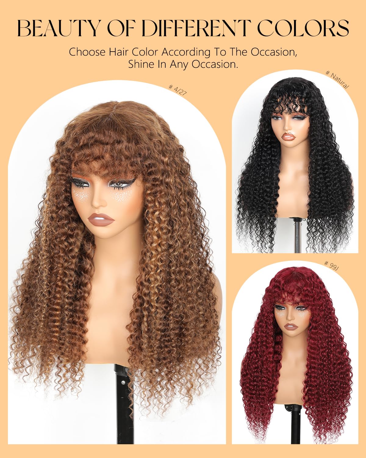 JuneMet Ombre Highlight Human Hair Wig with Bangs 2x4 HD Lace Front Closure Wear and Go Glueless Wigs with Bangs Curly Water Wave 4/27 Honey Blonde Brown Colored Human Hair for Black Women 16 Inch