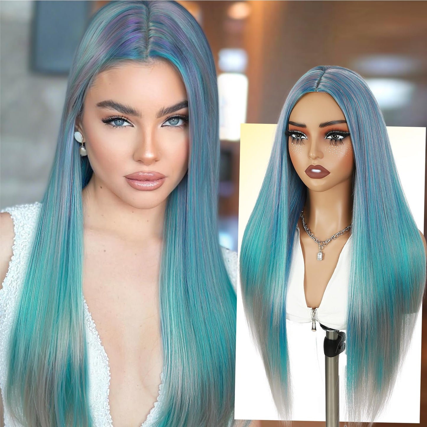 WIGER 28 Inches Long Straight Rainbow Wigs Bluish Green Layered Hair Middle Part Piano Color Wigs Synthetic Mermaid Wig Heat Resistant Costumes Wig for Daily or Party