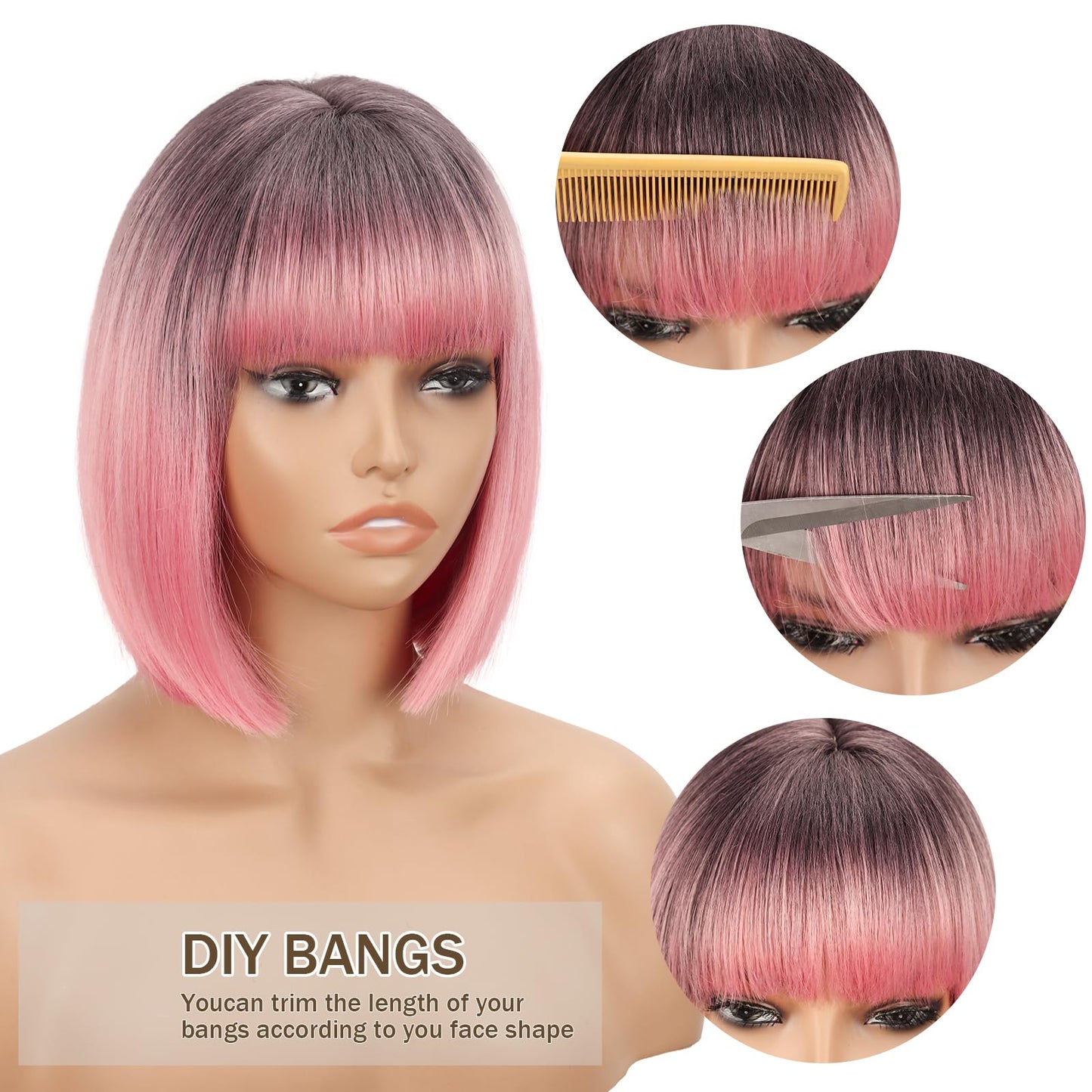 WERD Short Pink Bob Wig for Women Ombre Pink Wig With Bangs Synthetic Hair Straight Pink Bob Wig for Daily Party Cosplay