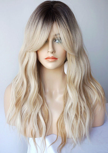 Long Blonde Wig for Women Wolf Tail cut wig Synthetic Hair Blonde Ombre with white Highlight Wigs for White Women (Blonde Highlight)