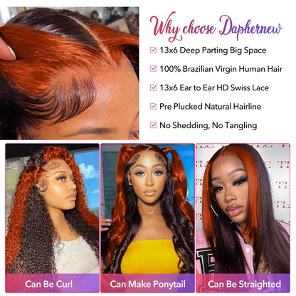 Daphernew 200% Density 13X6 Ginger Lace Front Wigs Human Hair Pre Plucked for Women Ombre 13X6 HD Transparent Ginger Orange Lace Front Wigs Human Hair Glueless Ginger Colored Wigs Human Hair (20Inch)