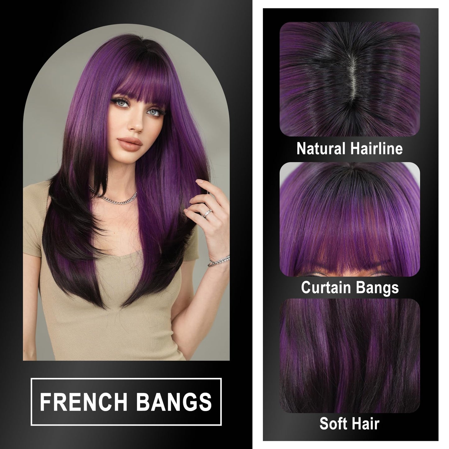 7JHH WIGS Long Straight Purple Synthetic Wig with Bangs 25inch Layered Hair Tail Dye Black Heart Resistant Synthetic Fiber Natural Looking Wigs for Women Party Cospaly and Daily Used