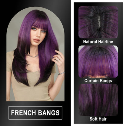 7JHH WIGS Long Straight Purple Synthetic Wig with Bangs 25inch Layered Hair Tail Dye Black Heart Resistant Synthetic Fiber Natural Looking Wigs for Women Party Cospaly and Daily Used