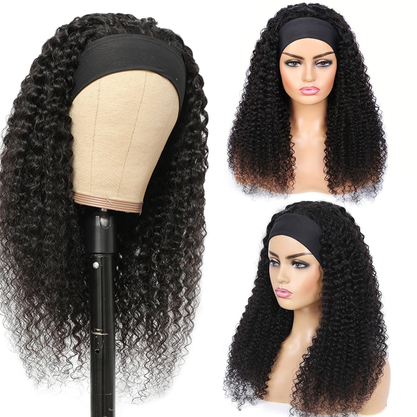 Headband Wig Human Hair Kinky Curly 14 inch Brazilian Remy Hair Curly None Lace Front Wigs Glueless Wigs Human Hair Curly for Black Women None Lace Front Machine Made Wigs Human Hair Natural Color
