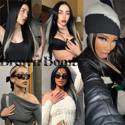 BrownBomb Black Blond Skunk Stripe Wear and Go Glueless Wigs Pre Plucked Pre Cut for Beginners Synthetic Lace Front Wigs With Bangs Long Straight layered Wigs Highlights 26 Inch 3 Seconds to Wear