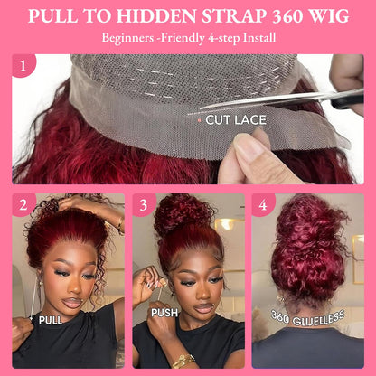 250 Density Hidden Strap Water Wave 360 99j Burgundy Glueless Wigs Human Hair Pre Plucked Pre Bleached Human Hair Wig With Drawstring Wet and Wavy HD Full Lace Front Wigs Human Hair 22 Inch