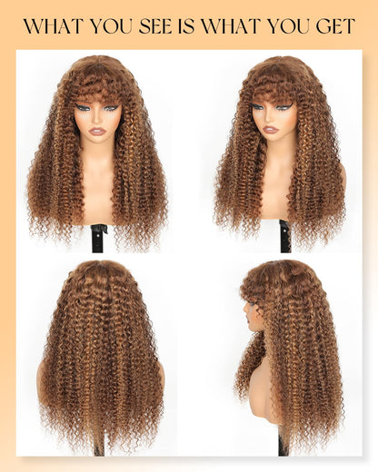 JuneMet Ombre Highlight Human Hair Wig with Bangs 2x4 HD Lace Front Closure Wear and Go Glueless Wigs with Bangs Curly Water Wave 4/27 Honey Blonde Brown Colored Human Hair for Black Women 16 Inch