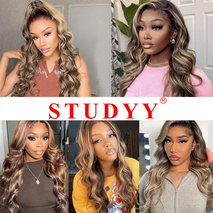 studyy Body Wave Highlight Ombre 360 Lace Front Wigs Human Hair Pre Plucked with Baby Hair Honey Blonde 360 HD Lace Frontal Wigs for Women 22inch