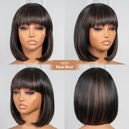 ToyoTress Black Mix Brown Highlight Bob Wig With Bangs - 10 Inch Yaki Straight Bob Wig For Black Women, Short Synthetic Hair Wigs Heat Resistant Daily Costume (10 Inch, SP1B/30-613H)