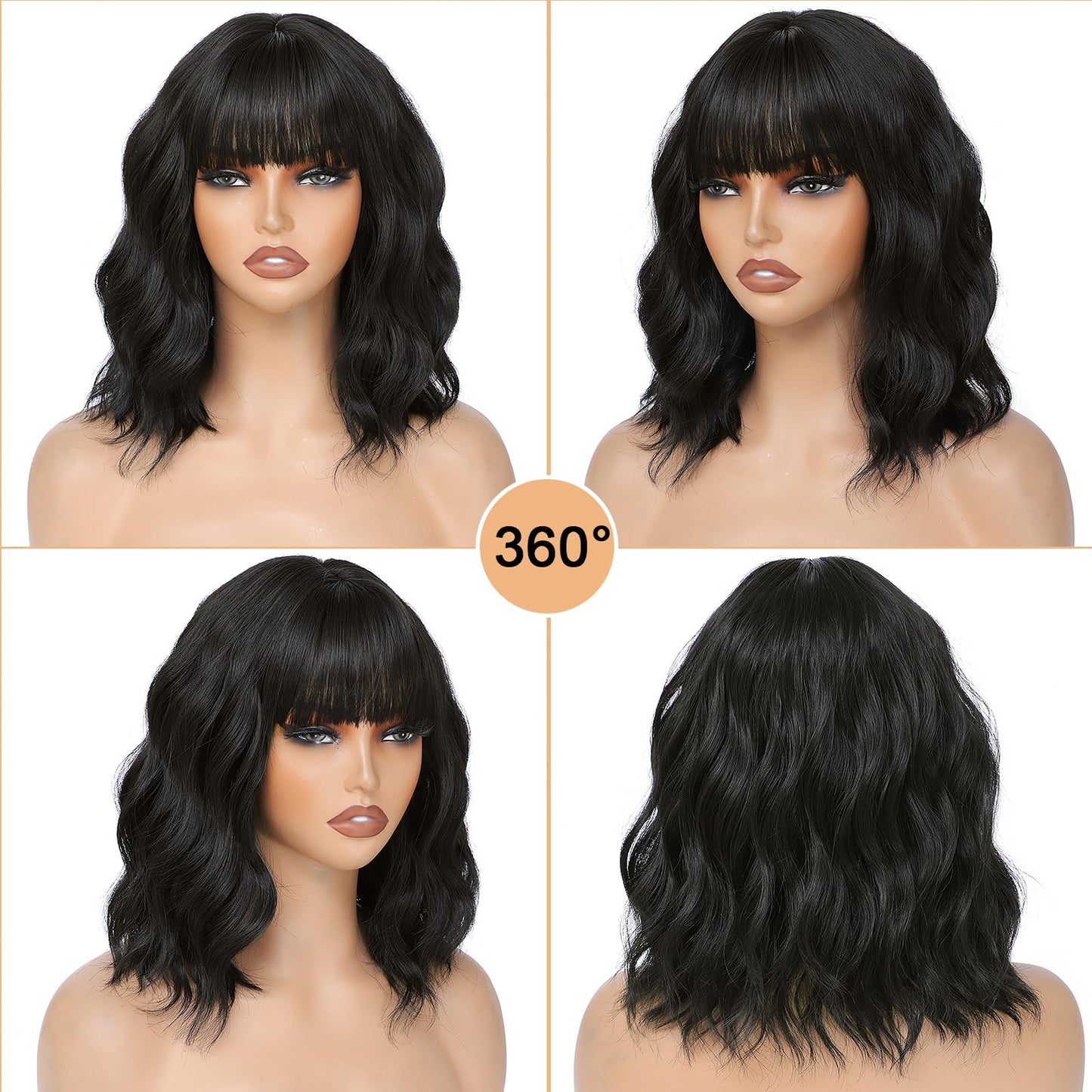 AGO Natural Black Wigs with Bangs Short Bob Wig Shoulder Length Synthetic Hair for Women Girl Loose Wavy Wig Heat Resistant Fiber Hair for Daily Party Halloween Cosplay Use(2/4#Black)