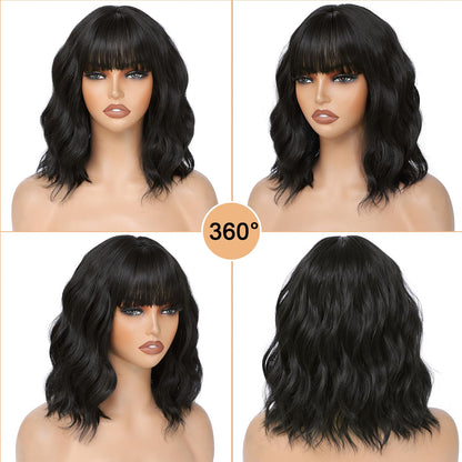AGO Natural Black Wigs with Bangs Short Bob Wig Shoulder Length Synthetic Hair for Women Girl Loose Wavy Wig Heat Resistant Fiber Hair for Daily Party Halloween Cosplay Use(2/4#Black)