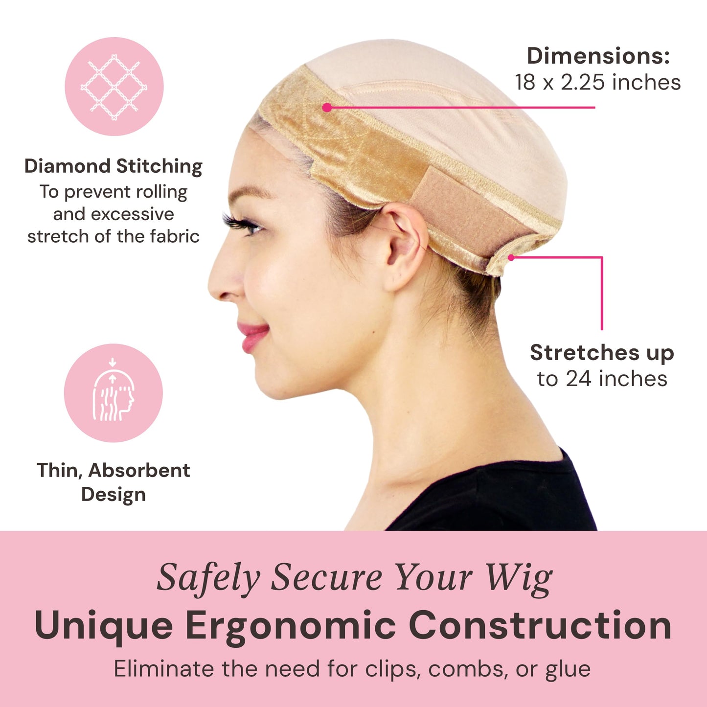 MILANO COLLECTION Lace Wig Grip Cap for Women, Adjustable Wig Caps for Women Non Slip with Headband to Secure Lace Top Perfectly in Place, Tension-Free, One Size Fits All, 2 Pack, Nude