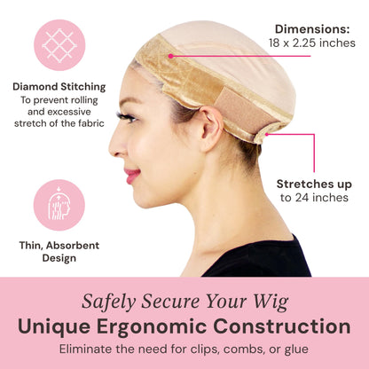 MILANO COLLECTION Lace Wig Grip Cap for Women, Adjustable Wig Caps for Women Non Slip with Headband to Secure Lace Top Perfectly in Place, Tension-Free, One Size Fits All, 2 Pack, Nude