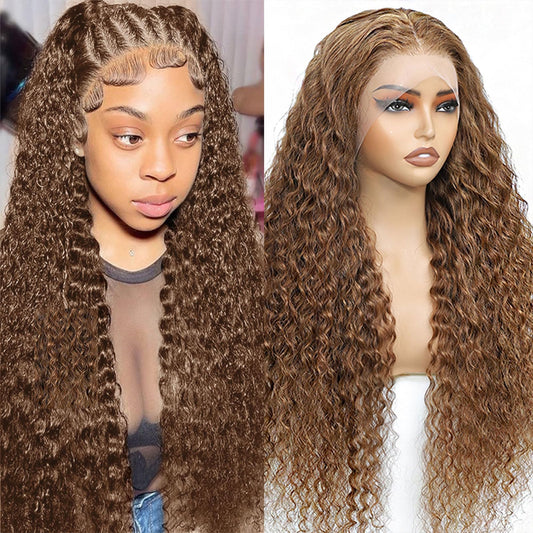 13x6 Chocolate Brown Deep Wave Lace Front Wig Human Hair Wig for Women 180% Density HD Deep Curly Lace Frontal Wigs Human Hair Pre Plucked with Baby Hair Brown Colored (Chocolate Brown, 32 Inch)