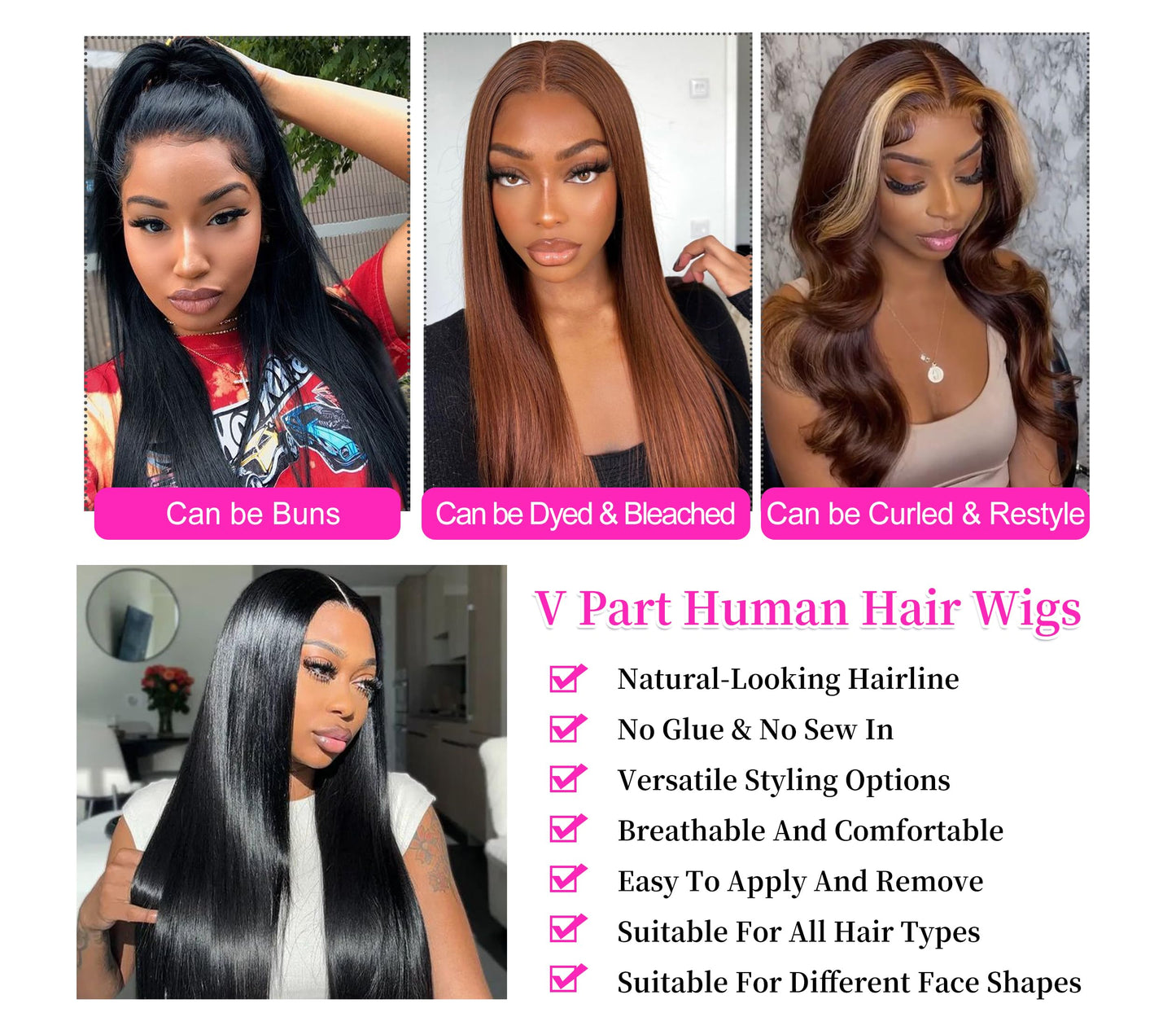 Aolvoblees V Part Wig Human Hair Straight No Leave Out Upgrade U Part Wig for Women Clip in Half Wig Beginner Friendly 200% Density No Lace No Glue No Sew Natural Black 20 Inch