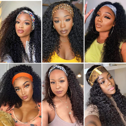 ISEE Headband Wig Human Hair Kinky Curly Human Hair Wigs for Black Women Glueless None Lace Front Wigs 180% Density 16inch