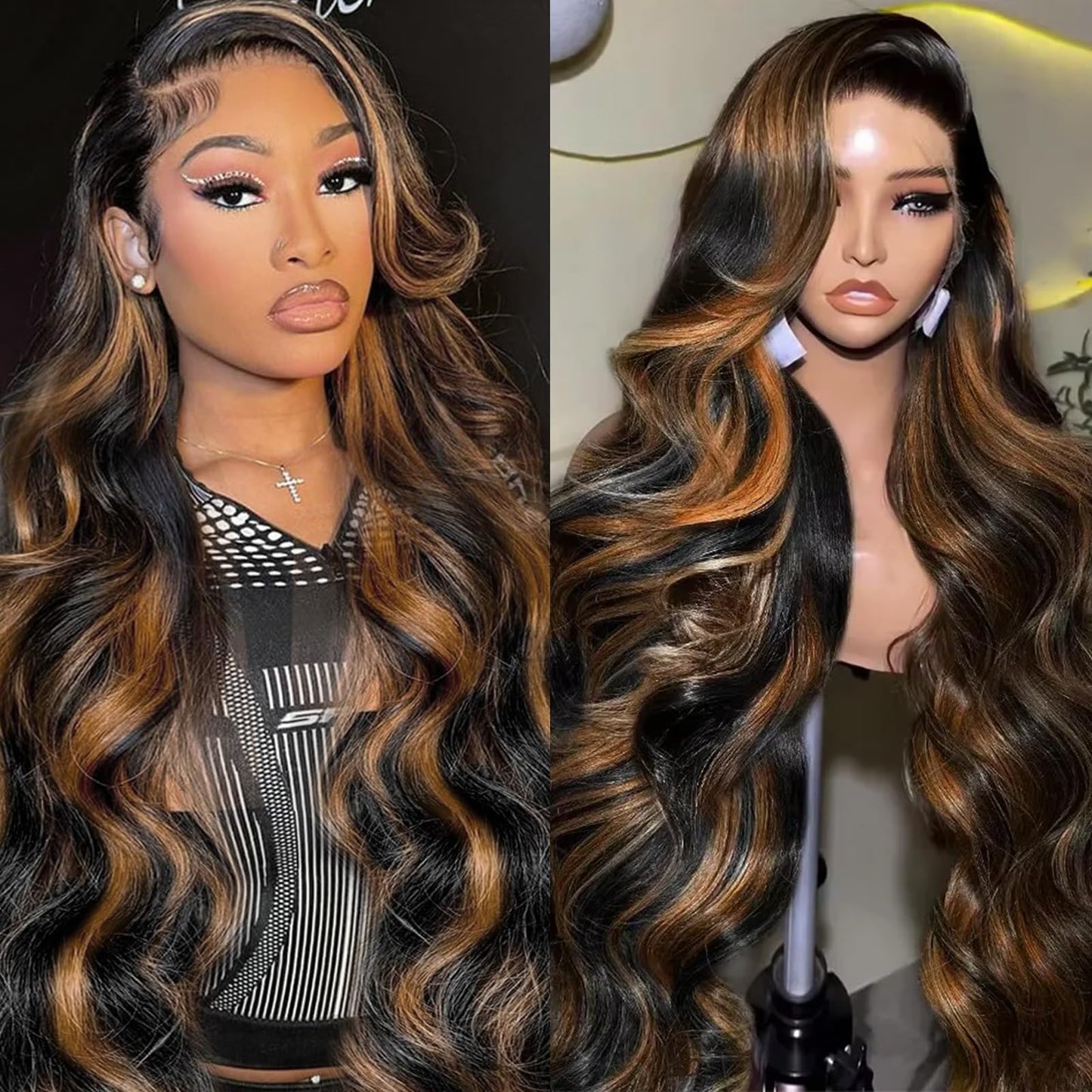 Vemalin Highlight Ombre Lace Front Wig Human Hair Body Wave Lace Front Wigs Human Hair Pre Plucked 13x4 1B/30 Brown Highlight Wig 200 Density Colored 26 Inch Balayage Glueless Wigs for Women