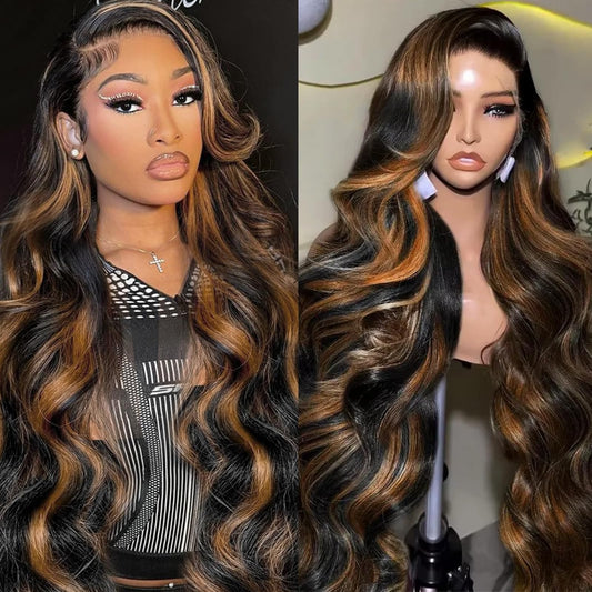 Vemalin Highlight Ombre Lace Front Wig Human Hair Body Wave Lace Front Wigs Human Hair Pre Plucked 13x4 1B/30 Brown Highlight Wig 200 Density Colored 26 Inch Balayage Glueless Wigs for Women