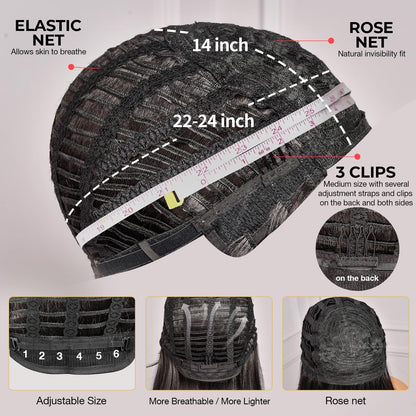 ToyoTress Black Mix Brown Highlight Bob Wig With Bangs - 10 Inch Yaki Straight Bob Wig For Black Women, Short Synthetic Hair Wigs Heat Resistant Daily Costume (10 Inch, SP1B/30-613H)