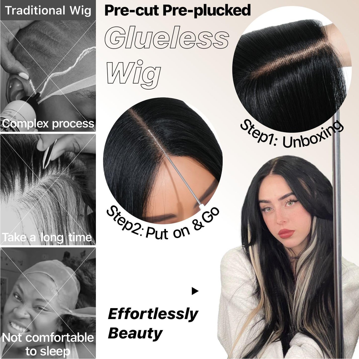 BrownBomb Black Blond Skunk Stripe Wear and Go Glueless Wigs Pre Plucked Pre Cut for Beginners Synthetic Lace Front Wigs With Bangs Long Straight layered Wigs Highlights 26 Inch 3 Seconds to Wear