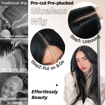 BrownBomb Black Blond Skunk Stripe Wear and Go Glueless Wigs Pre Plucked Pre Cut for Beginners Synthetic Lace Front Wigs With Bangs Long Straight layered Wigs Highlights 26 Inch 3 Seconds to Wear