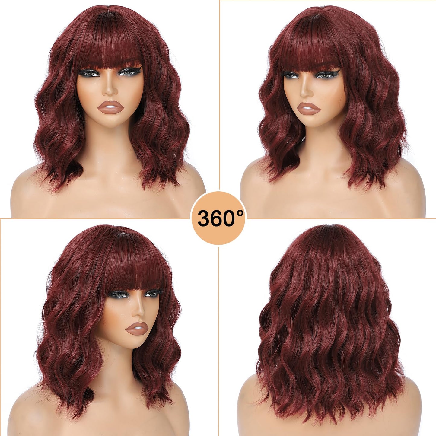 Wine Red Short Wavy Wigs with Bangs Bob Wig Shoulder Length 14Inch Synthetic Hair for Women Girl Colorful Cosplay Wig Synthetic Heat Resistant Fiber Hair for Daily Party Halloween Use(118A#WineRed)