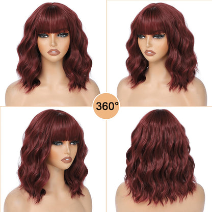 Wine Red Short Wavy Wigs with Bangs Bob Wig Shoulder Length 14Inch Synthetic Hair for Women Girl Colorful Cosplay Wig Synthetic Heat Resistant Fiber Hair for Daily Party Halloween Use(118A#WineRed)