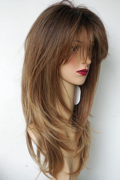 Long Layered Ombre Brown wig Synthetic Hair Fiber Highlight Multicolor Wigs for White Women (Ombre Brown)