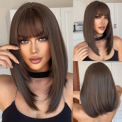 Alanhair Brown Wigs for Women,HAIRCUBE Medium Length Layered Wigs with Bangs Heat Resistant Synthetic Wigs for Daily Party Use