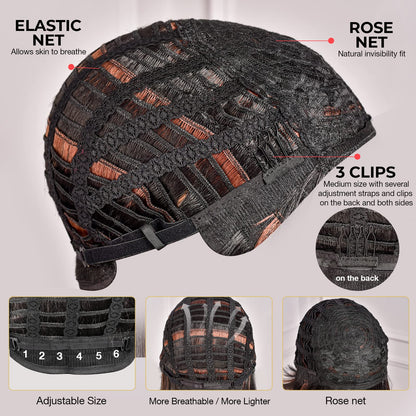 ToyoTress Short Bob Wigs With Bangs - 12 Inch Black Mix Brown Yaki Straight Hair Daily Costume Wig For Black Women, Soft Light Synthetic Hair Replacement Wigs Heat Resistant (12 Inch, SP1B/30-612H)