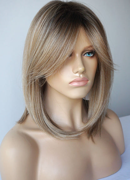 Wigs for white women blonde bob wig medium length wigs for women persma skin part blonde with dark roots Synthetic wig for white Women (Blobde mixed bob)