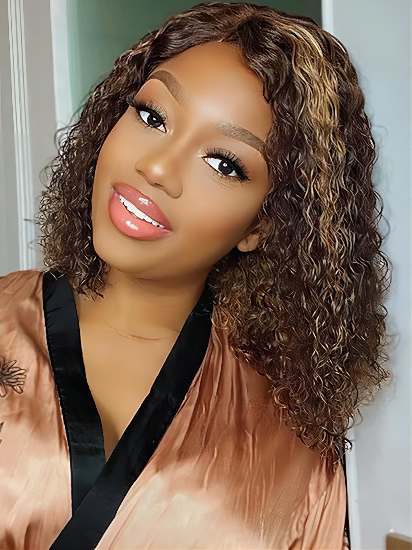 ISEE Wear and Go Glueless Wigs Bob Water Wave Human Hair Pre Plucked Pre Cut Ombre Highlight Bob Wig Human Hair for Women 180% Density Transparent Lace Front Wigs Ready to Wear for Beginners 12 Inch