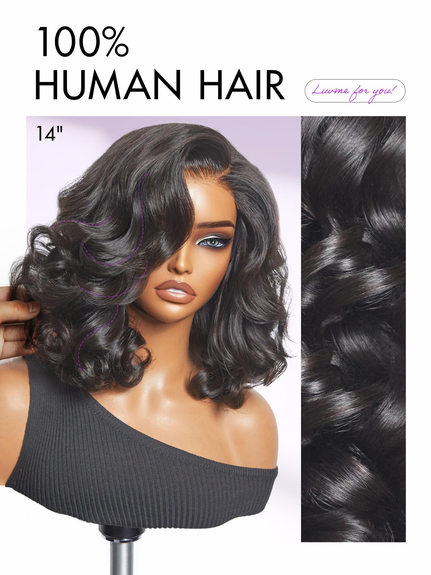 LUVME HAIR 100% Human Hair Wigs Loose Wave Glueless Lace Front 14 Inches, Pre Cut Plucked Hd Lace Short Wig Ready To Go Natural Color Straight Bleached Knots Side Part Black Wigs