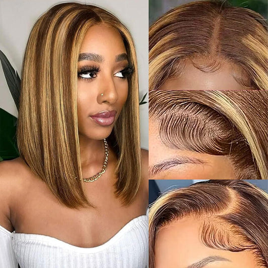Ombre Highlight Bob Wig Human Hair 13x4 Lace Front Wigs P4/27 Colored Wigs 14 Inch Honey Blonde Bob Human Hair Wig 180 Density Glueless Short Human Hair Wigs for Women Pre Plucked With Baby Hair